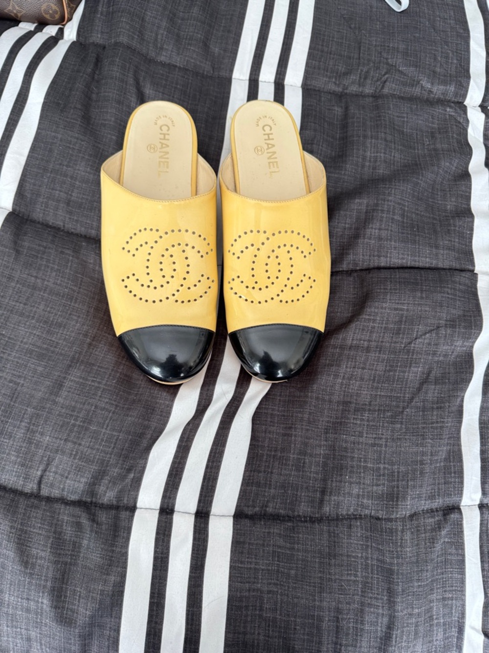 CHANEL Yellow Leather Slide Mules with Black Patent Toe
